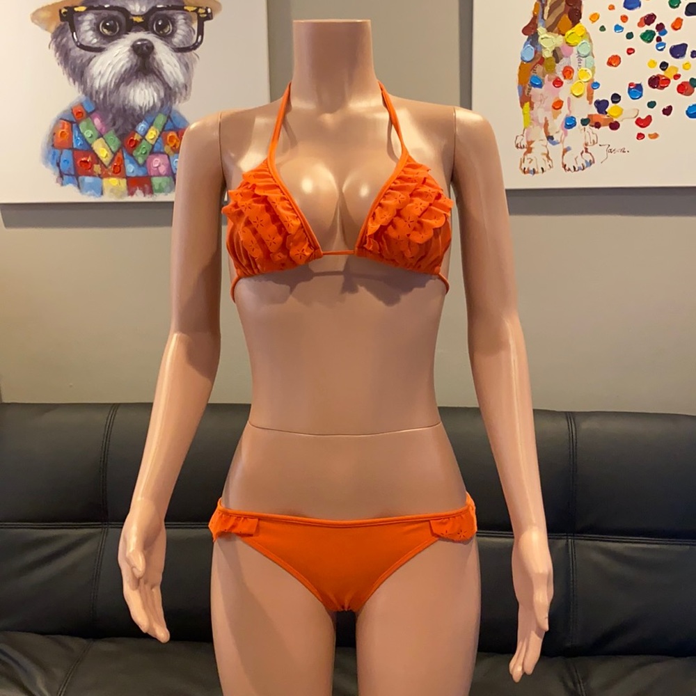Fashion Nova Orange Floral Ruffle Bikini Set Two Piece Swimsuit Swim S